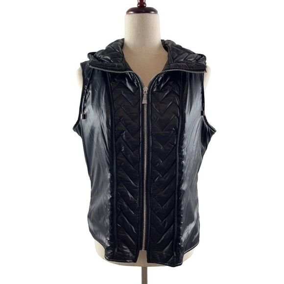 Dawn Levy Sly II Chevron Hooded Puffer Vest ONLY Medium Black Faux Fur Lined - Picture 1 of 8